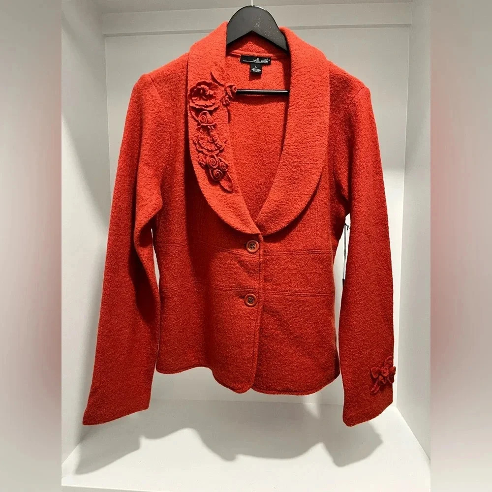 Willi Smith Orange 100% Wool Buttoned unlined blazer with floral appliqué large